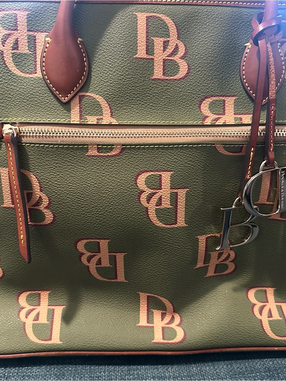 Dooney & Bourke Olive Green Tote with Pink DB Logo and Brown Trim